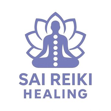 Logo for Sai Reiki Healing featuring a meditative figure with chakra points and lotus petals.
