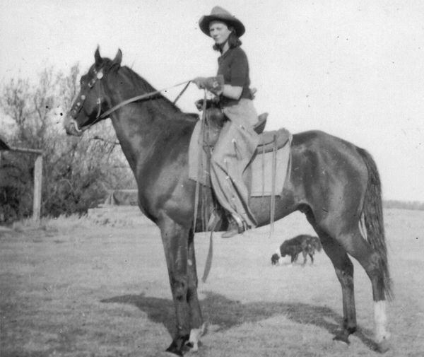 A young woman astride a horse.