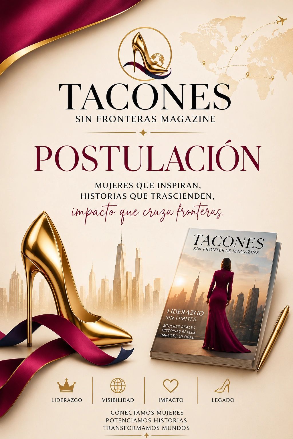 An elegant call for nominations in Tacones Sin Fronteras Magazine celebrating inspiring women and impactful stories.