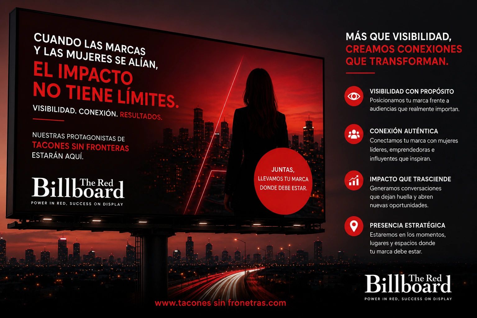 Billboard ad promoting women's impact and brand connections with a red-themed cityscape background.