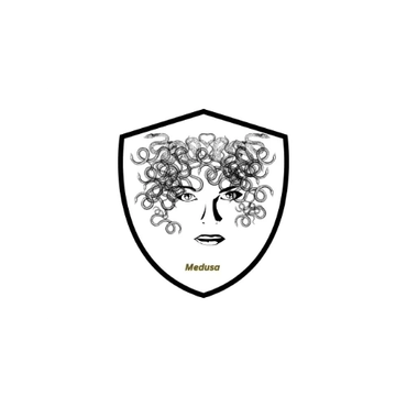 Black and white Medusa illustration in a shield.