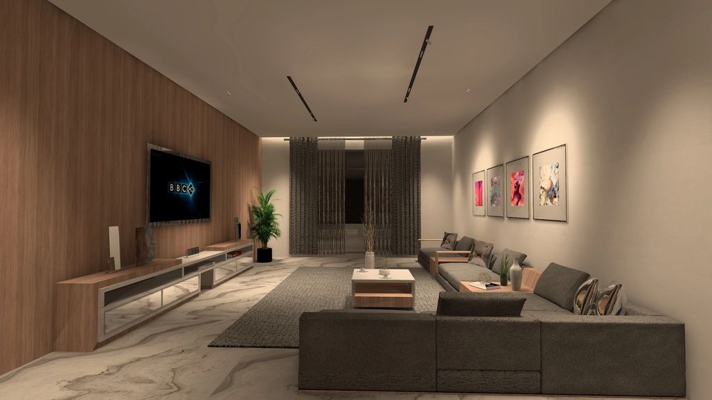 Modern living room with gray sofas and wooden TV console.