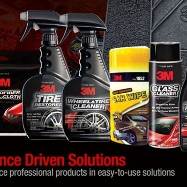 3M automotive cleaning products including tire restorer, wheel cleaner, car wipe, and glass cleaner.
