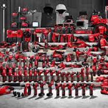 Extensive collection of red power tools and accessories neatly displayed.