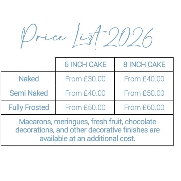2026 cake price list with options and additional decoration costs.