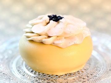 A creamy dessert topped with whipped cream and a garnish.