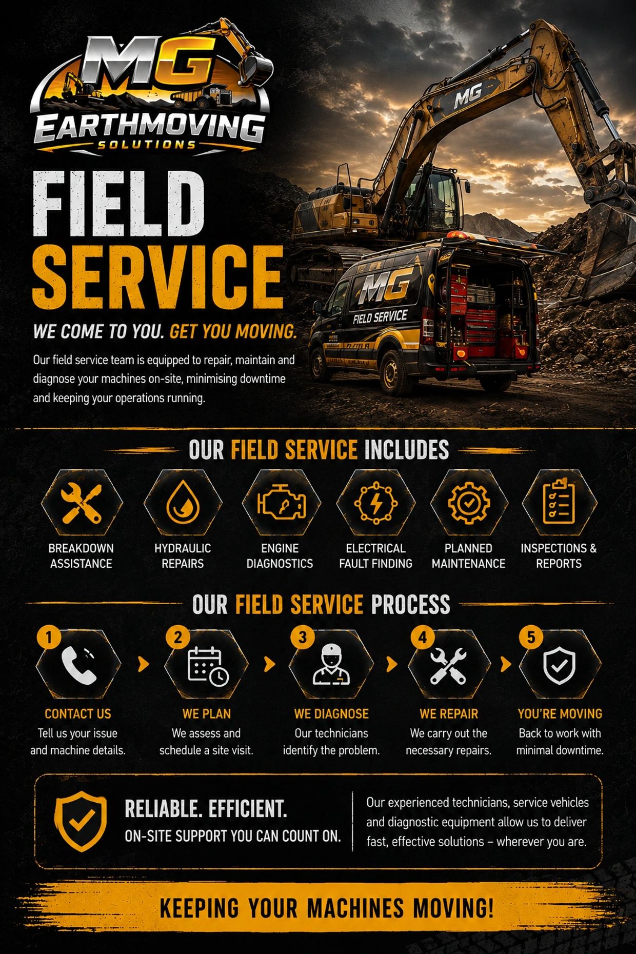 MG Earthmoving offers expert field service for machinery repairs and maintenance with on-site support.