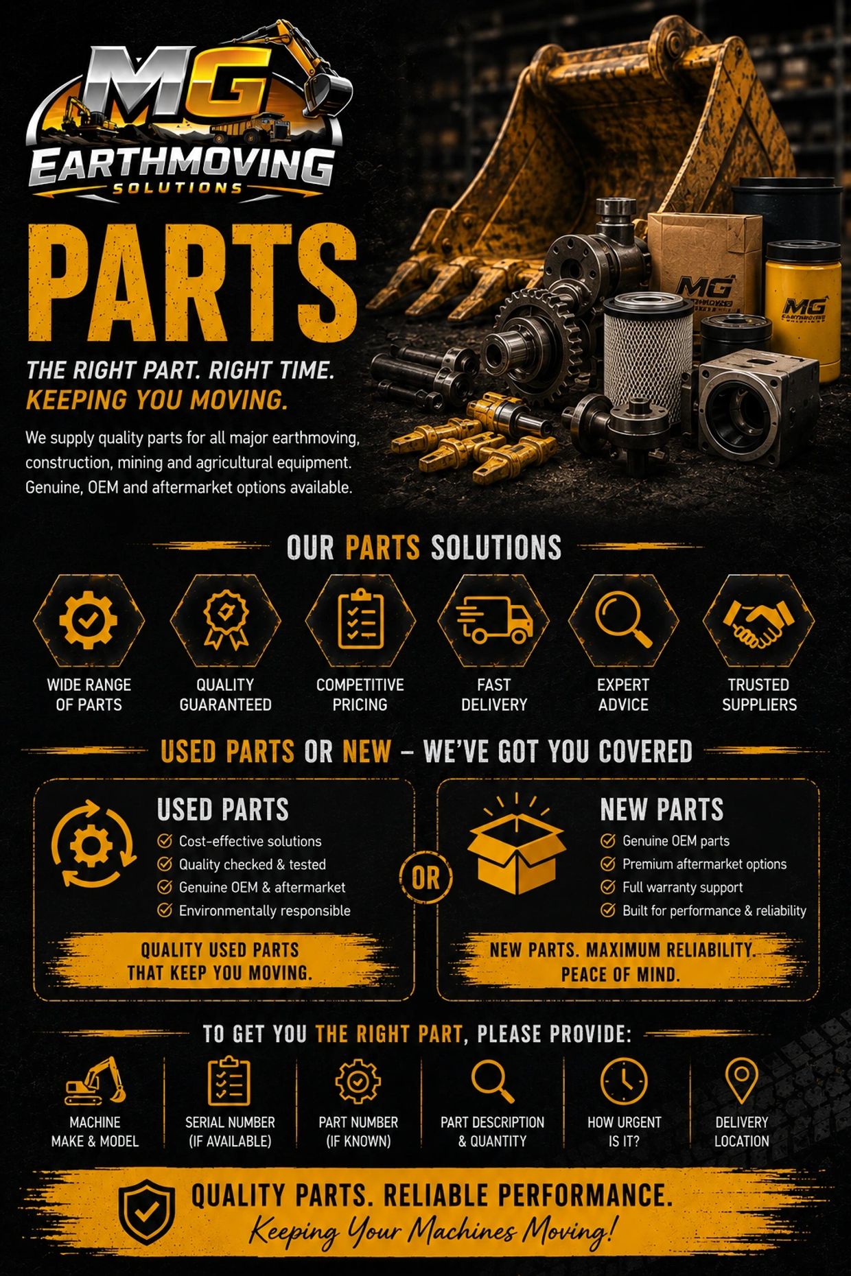 MG Earthmoving Solutions offers quality parts for earthmoving, construction, mining, and agriculture with expert advice and fast delivery.