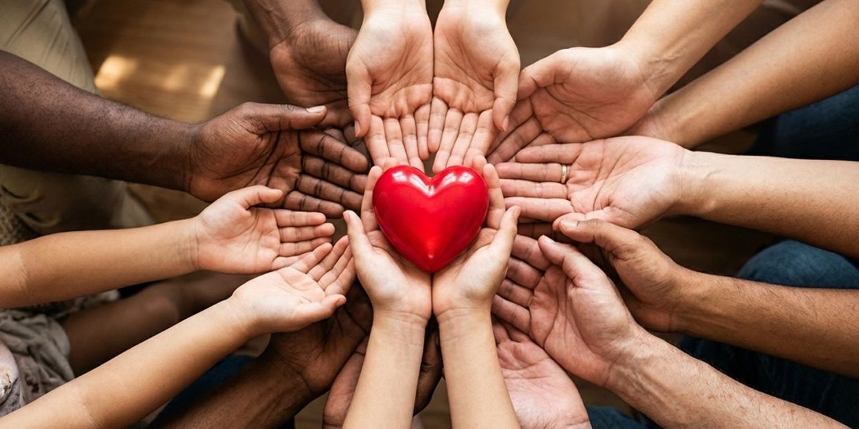 Diverse hands holding a red heart symbolizing unity and love.