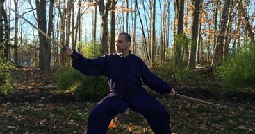 Person practicing swordsmanship in a forest clearing.