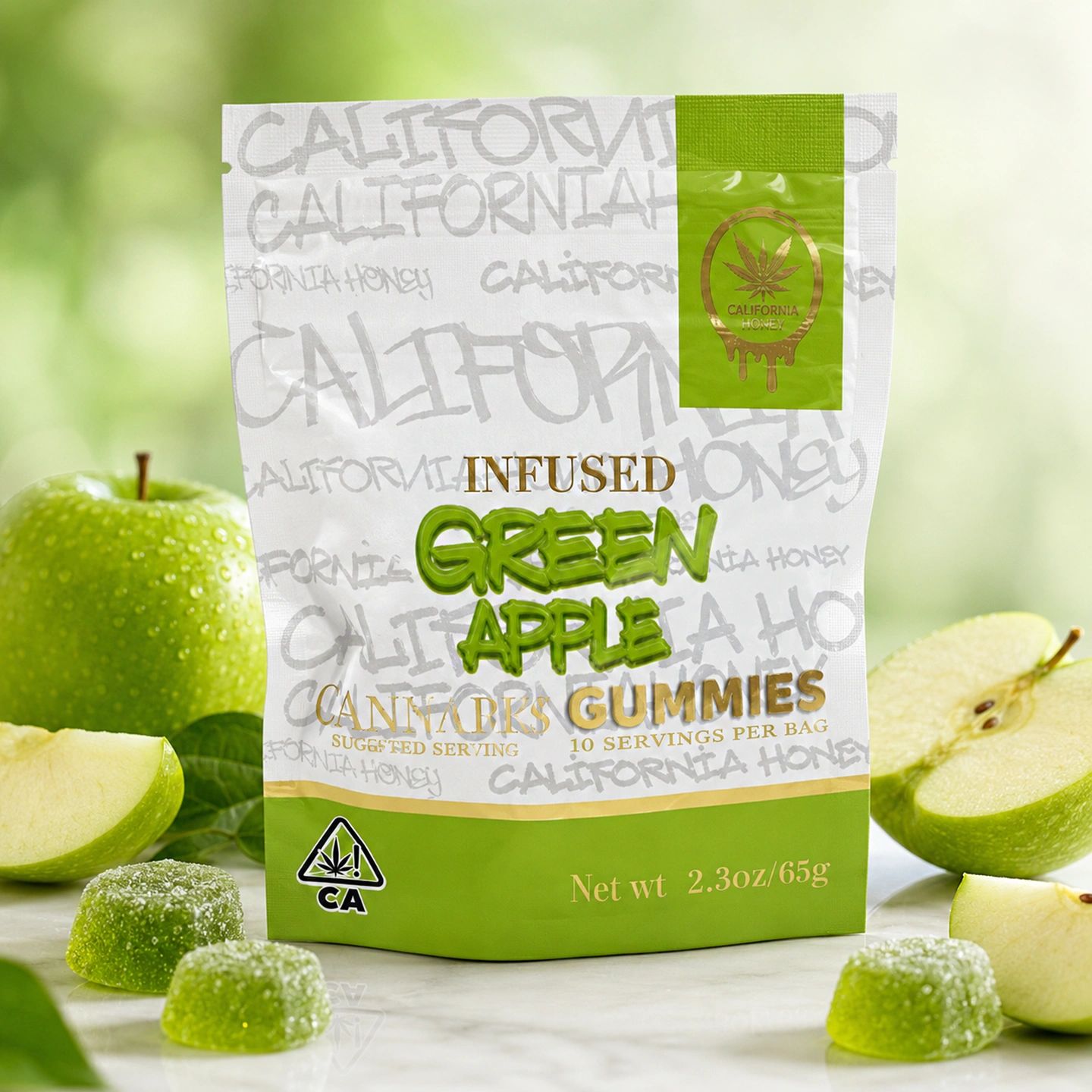 Green apple cannabis-infused gummies with fresh apple slices and leaves.