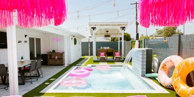 A pool with a fountain