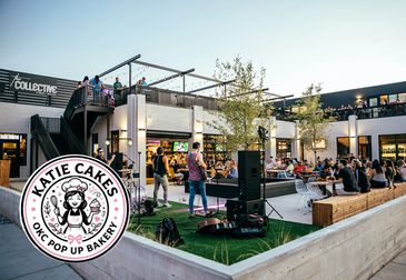 Outdoor event at a modern pop-up bakery space.