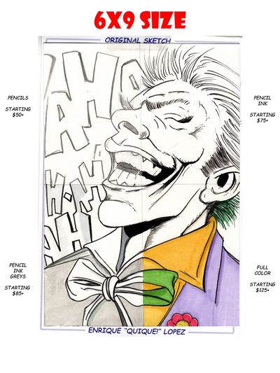 Half-colored Joker sketch with pricing for art commissions.