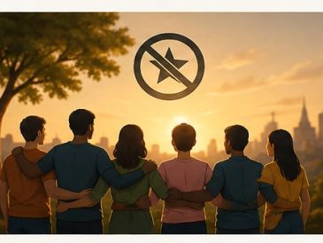 Group watching sunset with muted notifications symbol.