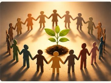 Paper dolls holding hands in a circle around a small plant.