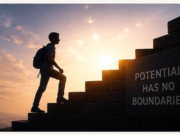 Person climbing stairs with motivational quote at sunset.