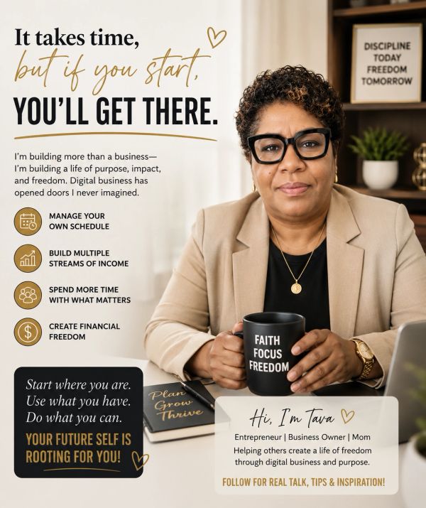Inspirational business message with woman holding a 'Faith Focus Freedom' mug.