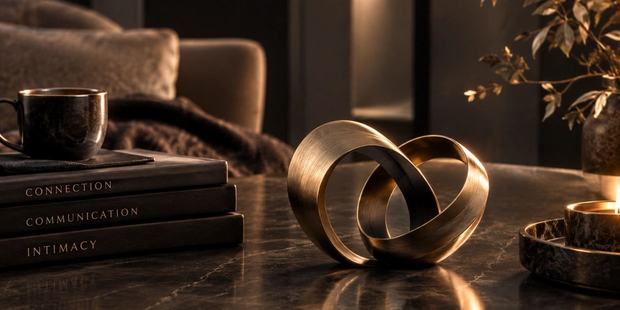 Decorative rings on a marble table with books and a candle.