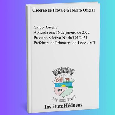 Caderno de prova para cargo de coveiro em concurso da Prefeitura de Primavera do Leste.