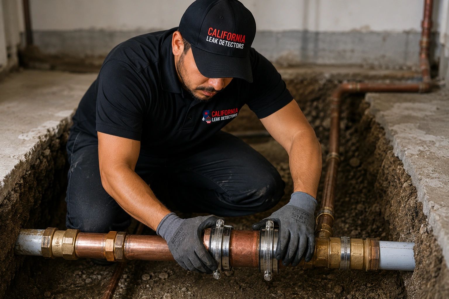 A plumber from California Leak Detectors fixing a copper pipe underground.
