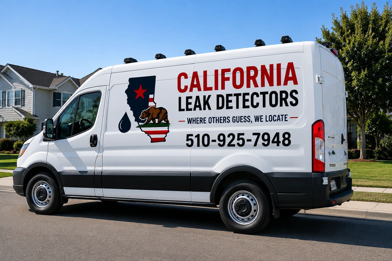 White van advertising California Leak Detectors with contact number and logo.