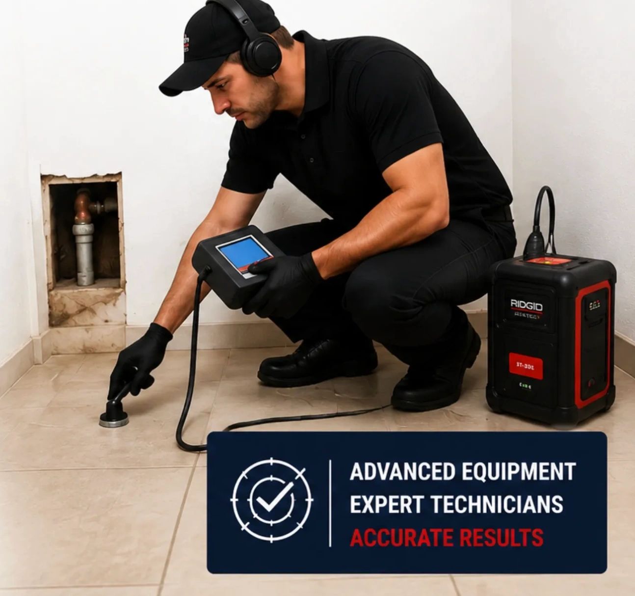 Technician using advanced equipment for precise pipe inspection.
