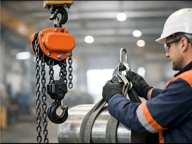 Worker securing heavy metal with lifting hook in factory.