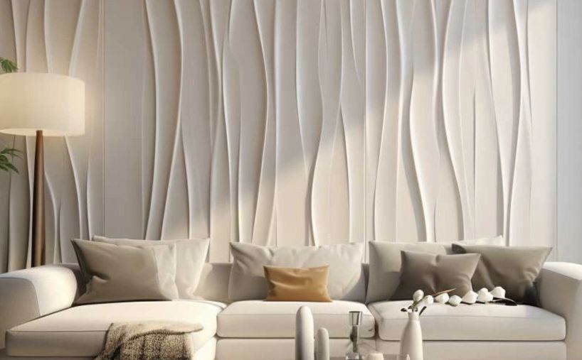 Modern living room with a white sofa and textured wall design.