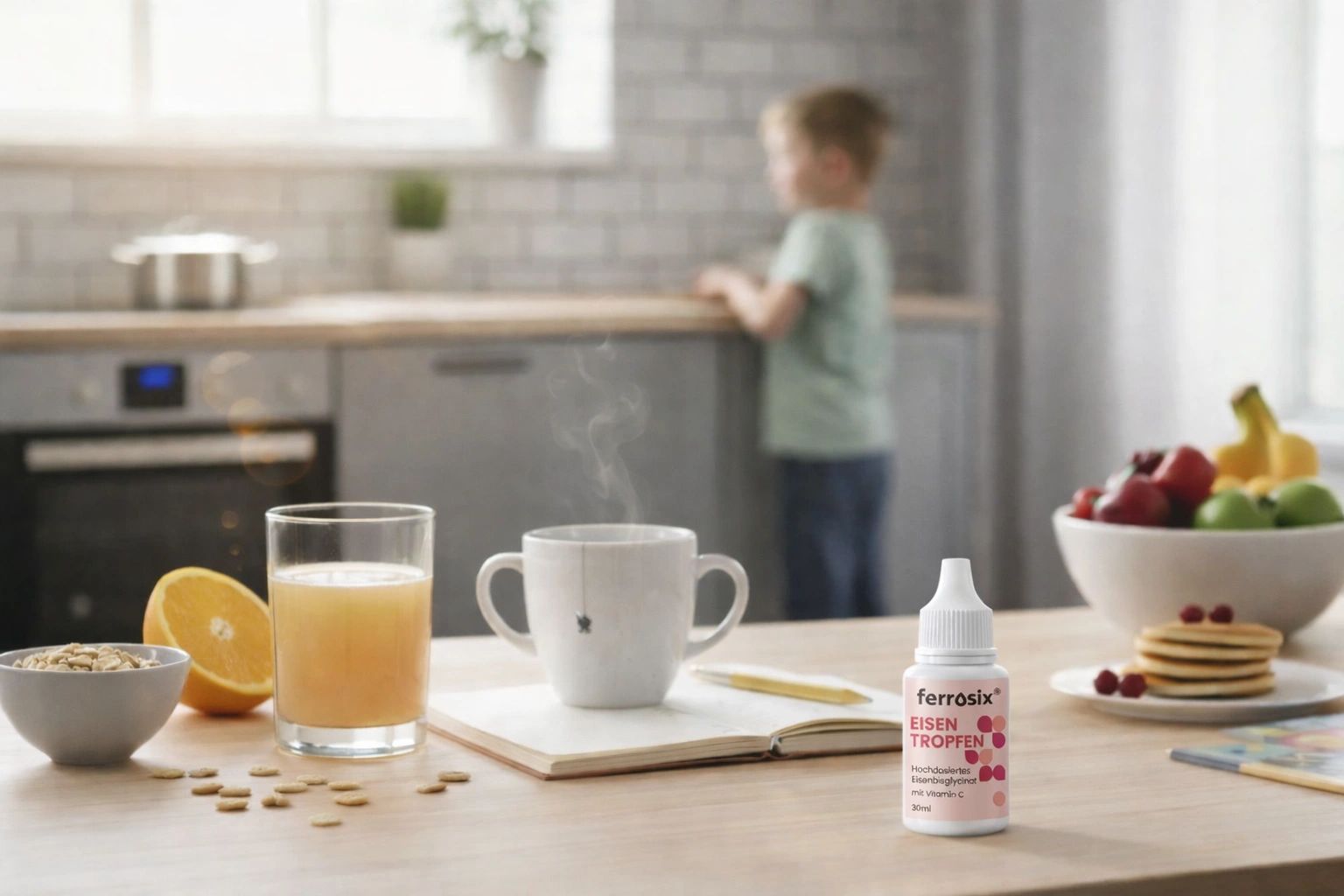 Iron drops bottle on kitchen table with breakfast and child in background.