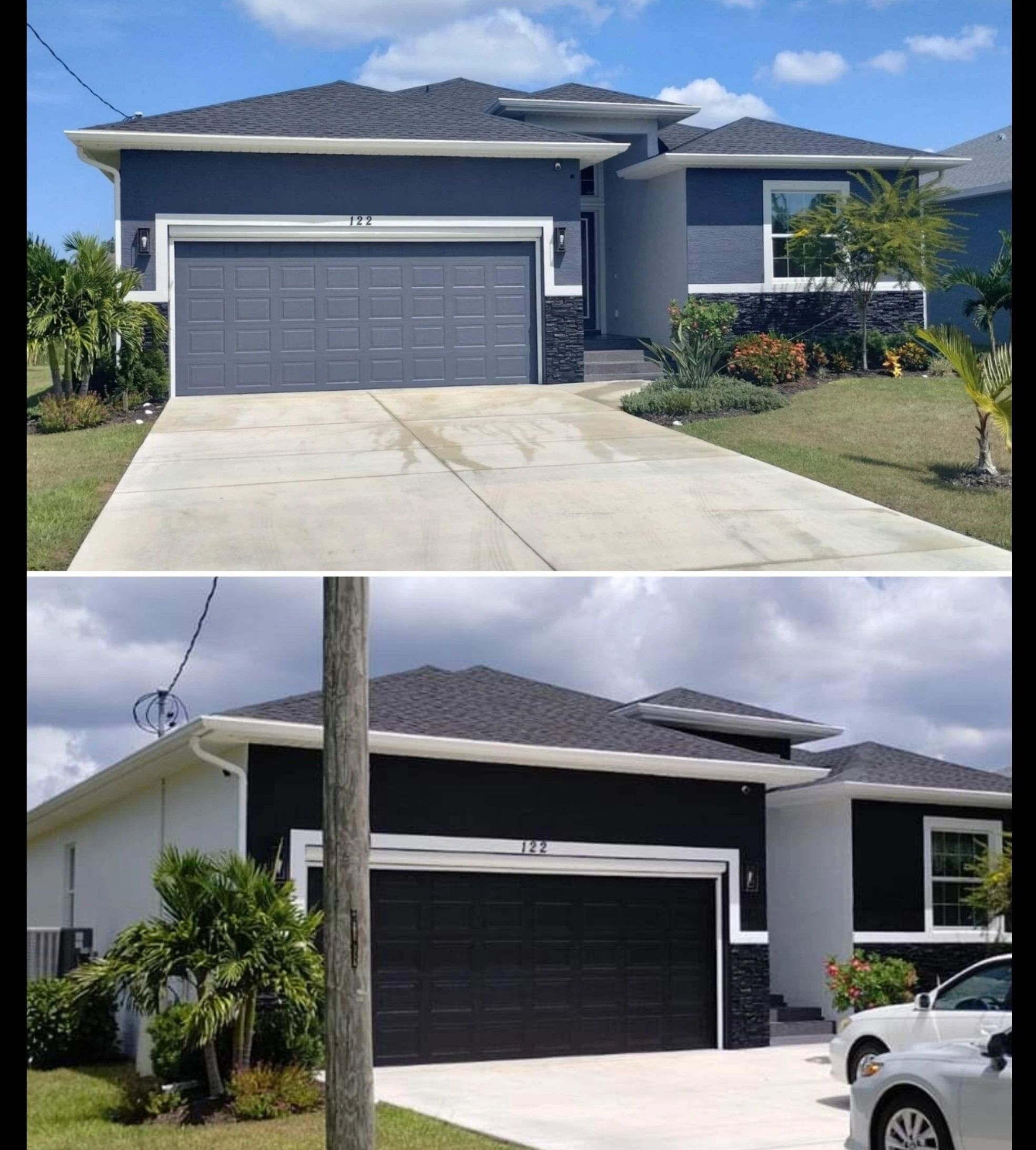 A modern house with a double garage and landscaped front yard.