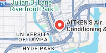 Map showing Aitken's Heating & Cooling location near University of Tampa, FL  and Hyde Park, FL  AC 