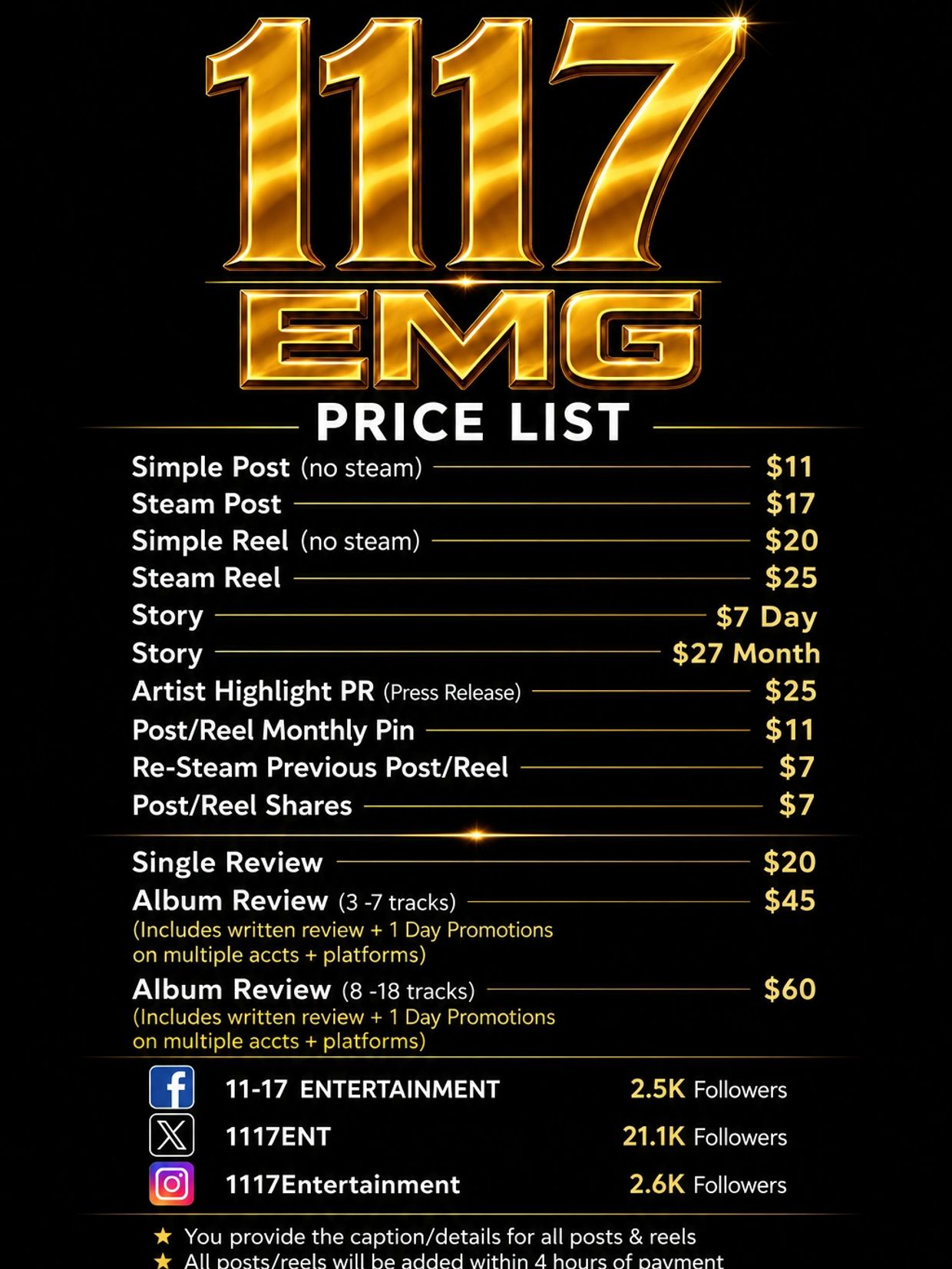 1117 EMG price list for posts, reels, stories, and reviews.