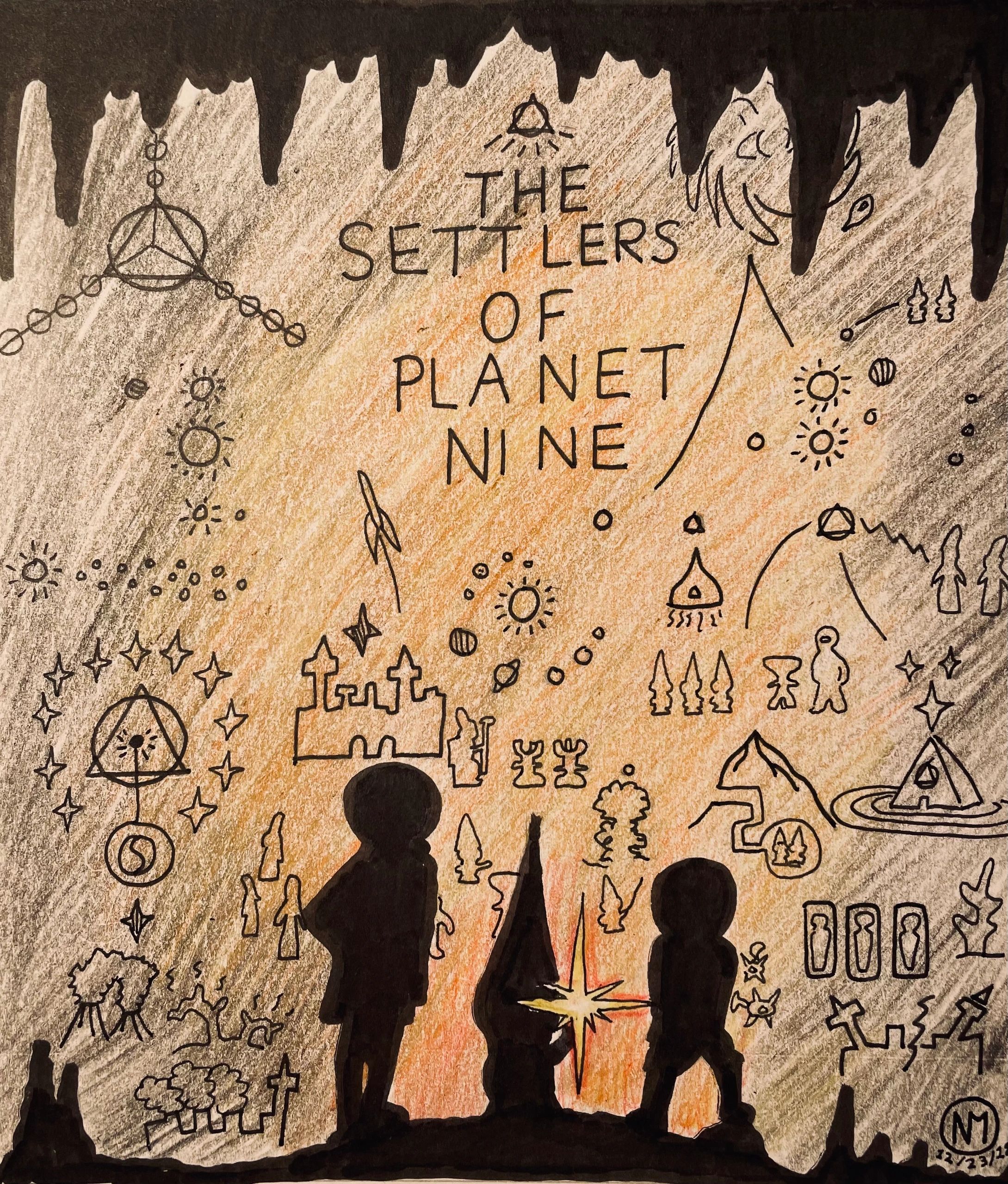 Drawing titled 'The Settlers of Planet Nine' with silhouettes and symbols.