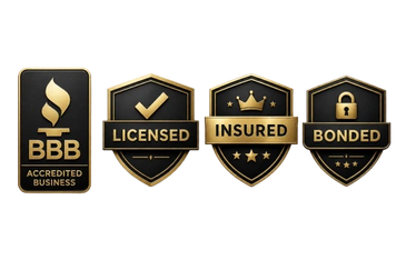 Badges representing BBB accreditation, licensed, insured, and bonded status.