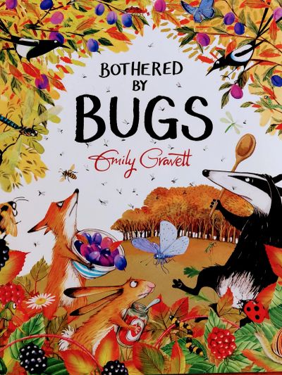 Colorful book cover titled 'Bothered by Bugs' with forest animals and bugs.