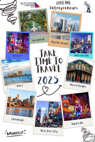 Collage of US cities encouraging entrepreneurs to travel in 2025.