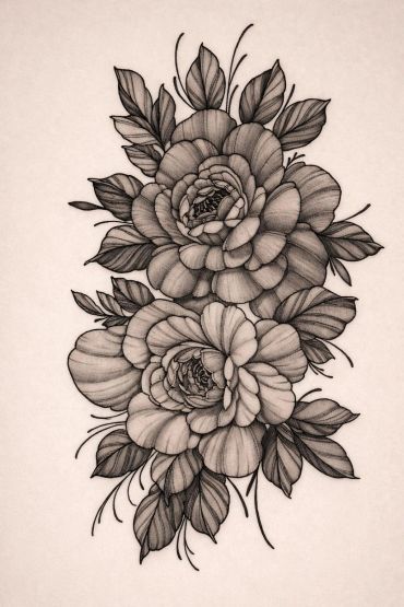 Black and white floral tattoo design with two flowers and leaves.