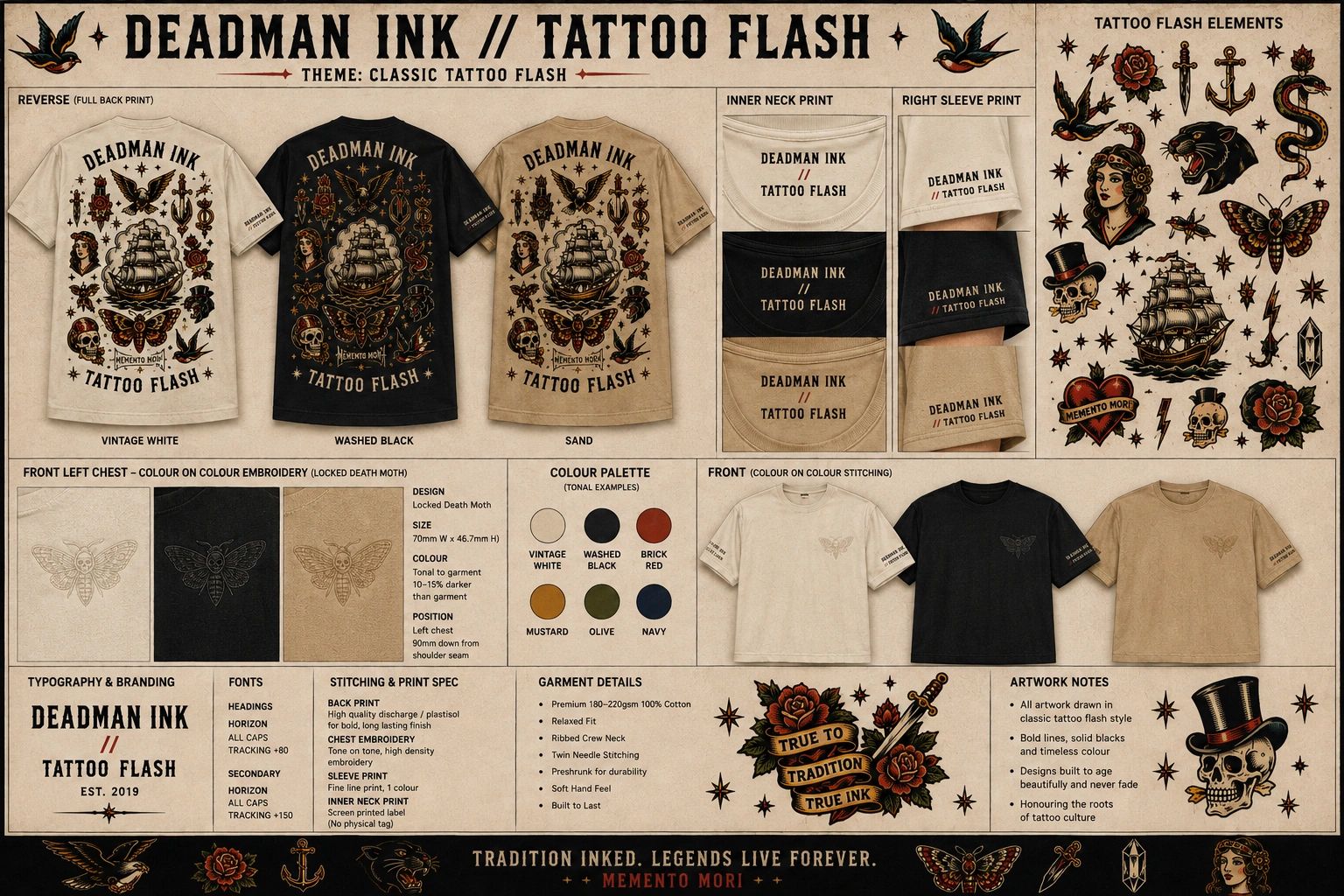 Classic tattoo flash T-shirts with detailed vintage designs.