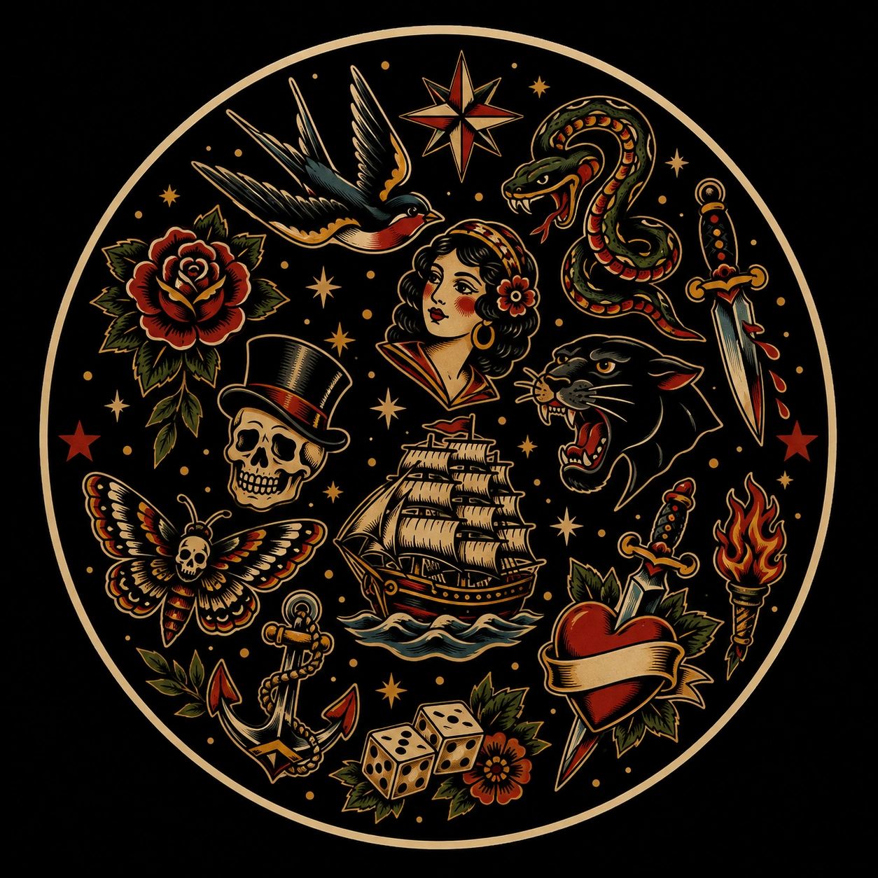 Classic tattoo flash sheet with traditional motifs.
