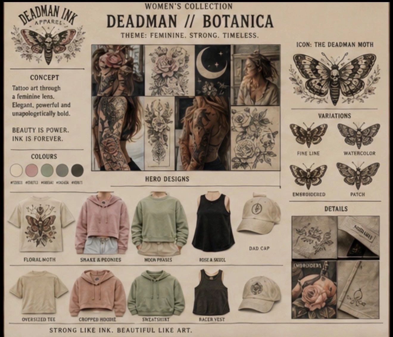 Women's tattoo-inspired clothing collection with botanical and moth motifs.