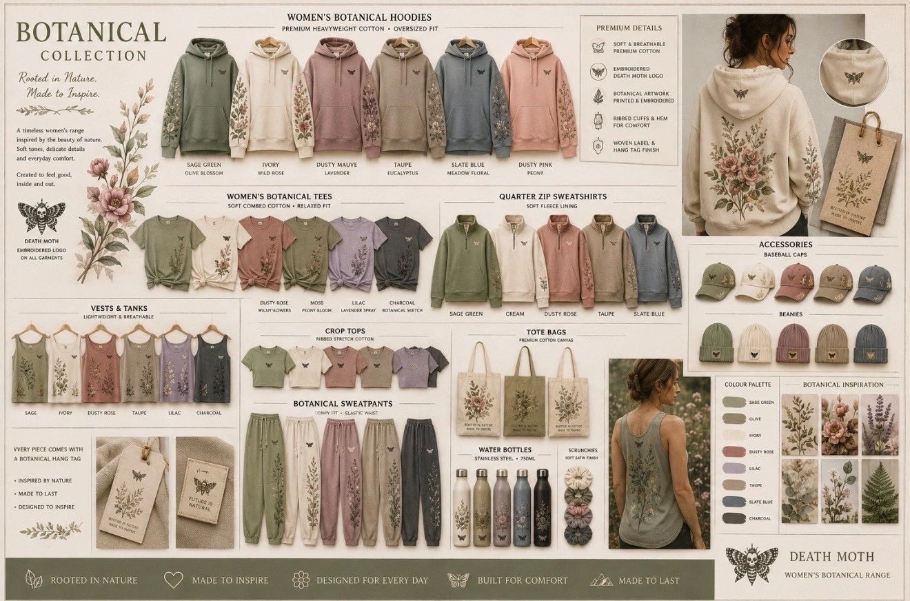 Women's botanical collection with hoodies, tees, sweatshirts, and accessories.