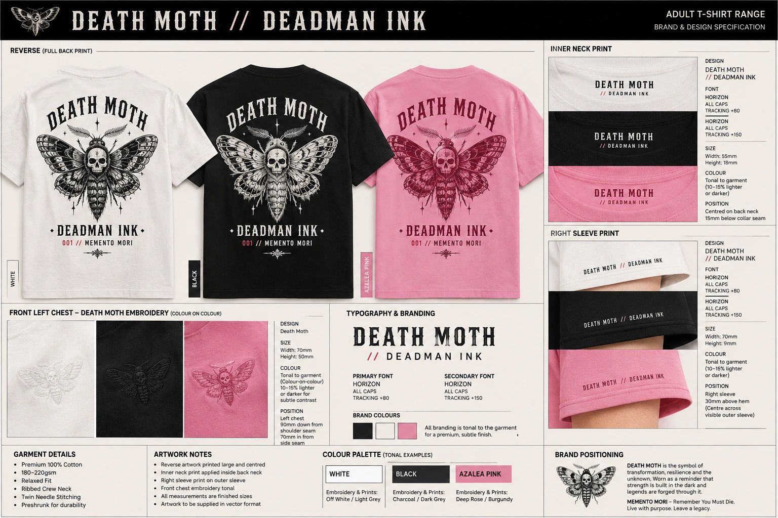 Death Moth t-shirt designs with skull moth artwork in three colors.