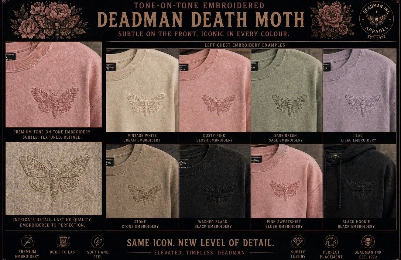 Embroidered Deadman Death Moth on various colored sweatshirts and hoodies.