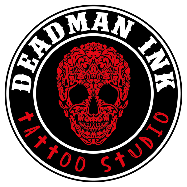 Logo of Deadman Ink Tattoo Studio with a decorative red skull.