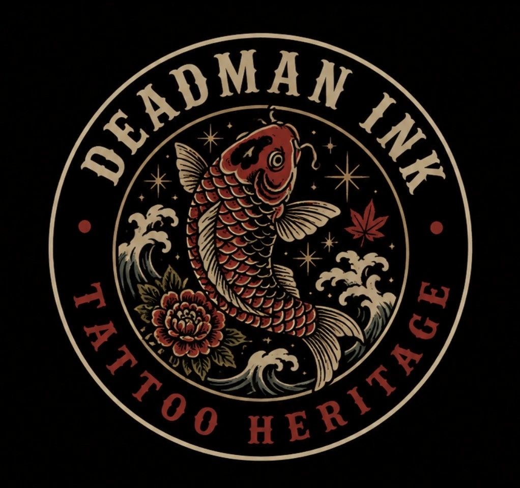 Logo with a koi fish and waves labeled 'Deadman Ink Tattoo Heritage'.