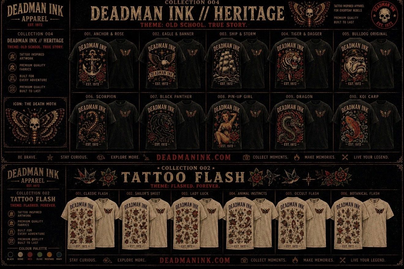 Deadman Ink apparel collections featuring tattoo-inspired designs.