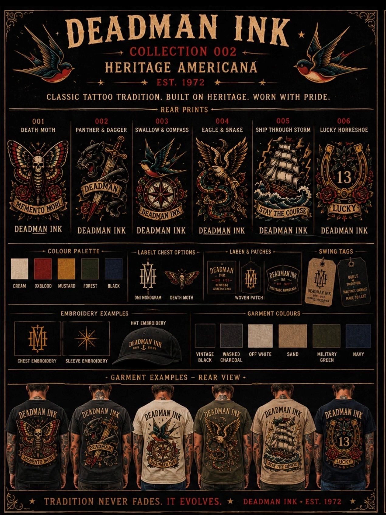 Vintage tattoo-themed apparel collection with classic designs and colors.