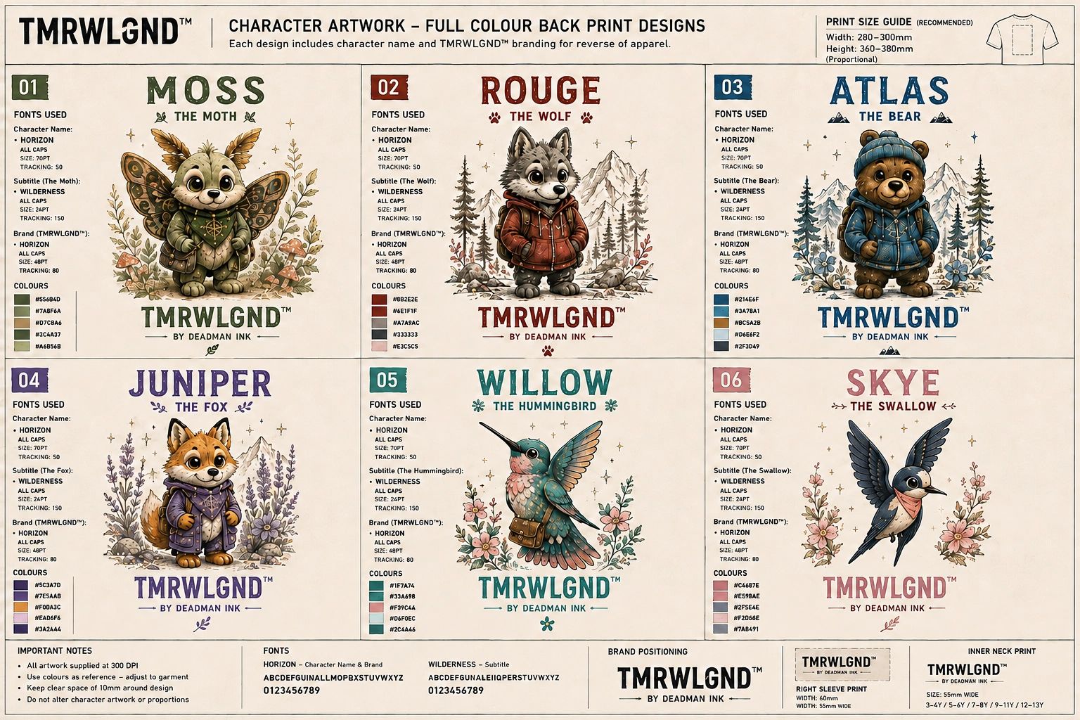Set of six character art designs for TMRWL GND apparel.