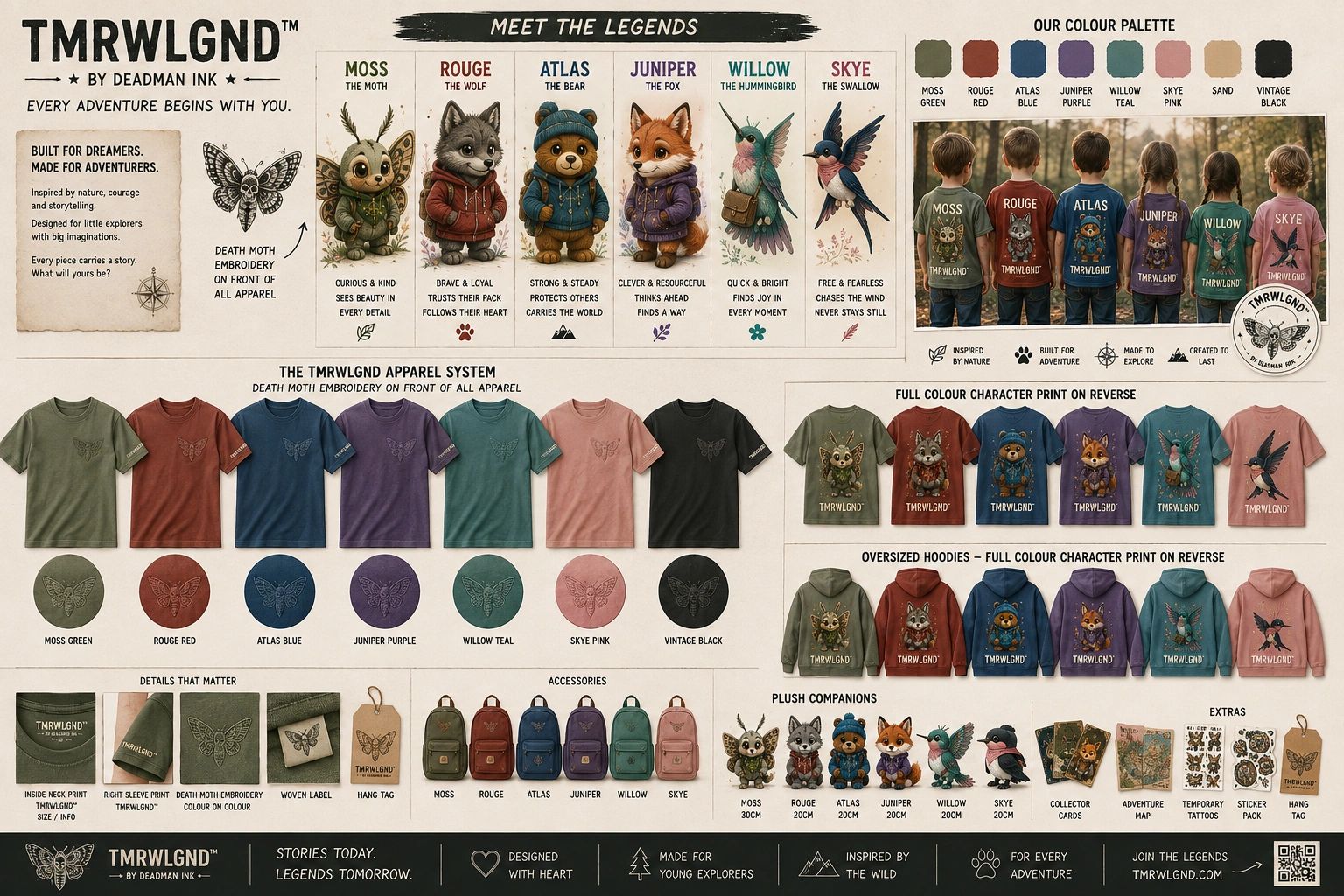 Clothing brand TMRWLGLND featuring animal characters and color palettes.